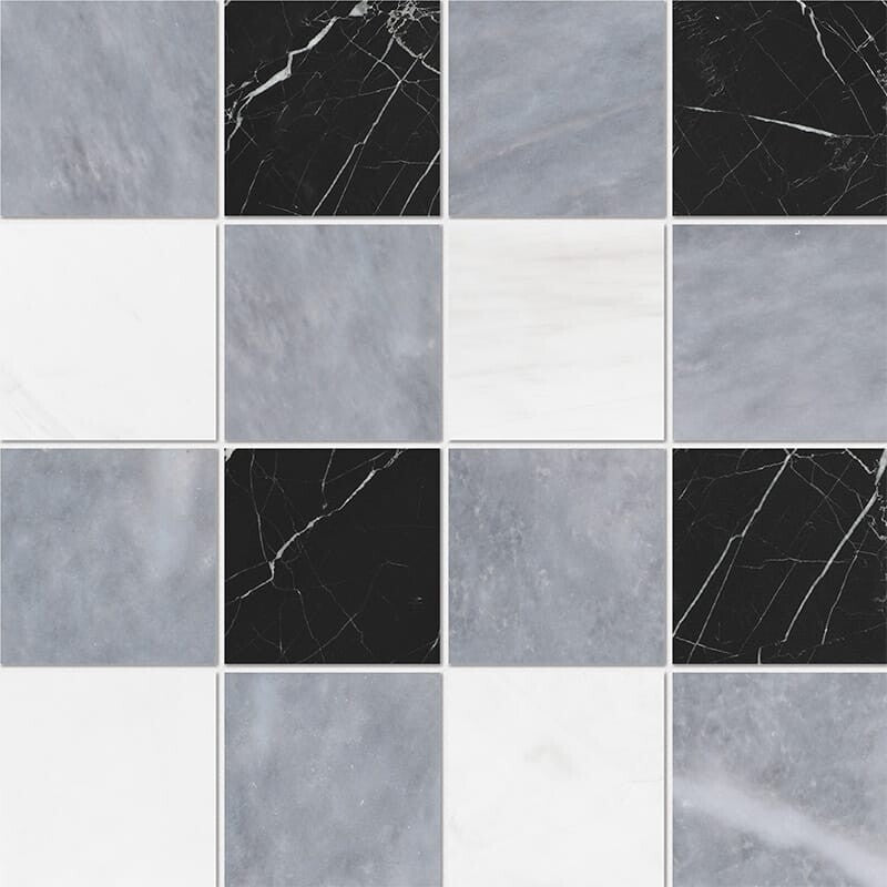 CHESTER PLAID : Snow White China Black 4X4 Straight Stack Mosaic (honed | 16"x16"x3/8" | straight cut)