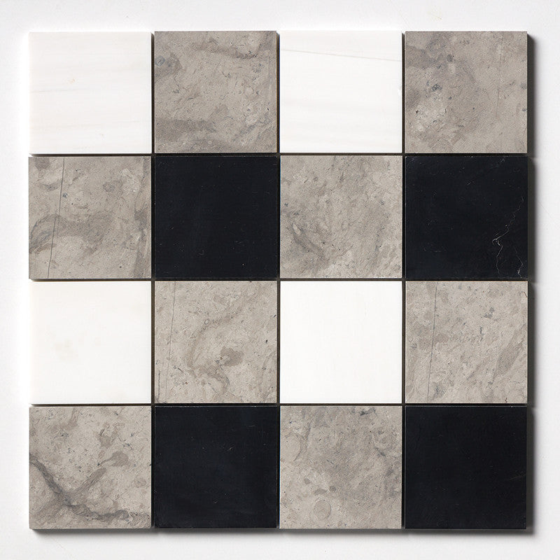 CHESTER PLAID : Snow White China Black 4X4 Straight Stack Mosaic (honed | 16"x16"x3/8" | straight cut)