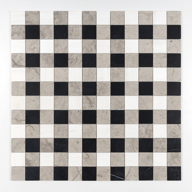 CHESTER PLAID : Snow White China Black 4X4 Straight Stack Mosaic (honed | 16"x16"x3/8" | straight cut)