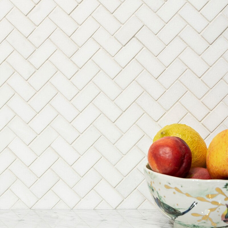 THASSOS WHITE : Thassos White 1X2 Herringbone Mosaic (honed | 11"x11"x3/8" | straight cut)