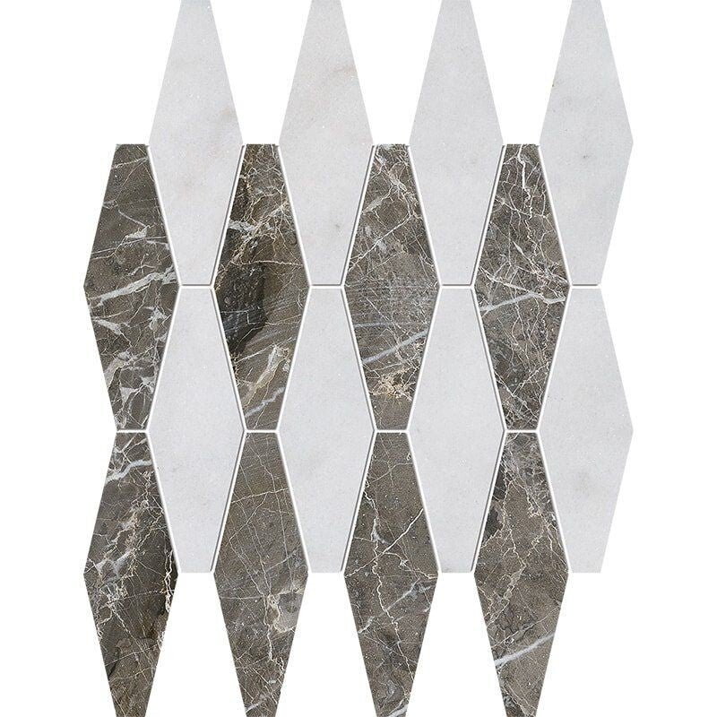 ATELIER MOSAIC: Silver Drop Rhomboid Blend Long Hex Mosaic (polished | 11"x14"x15/16" | straight cut)