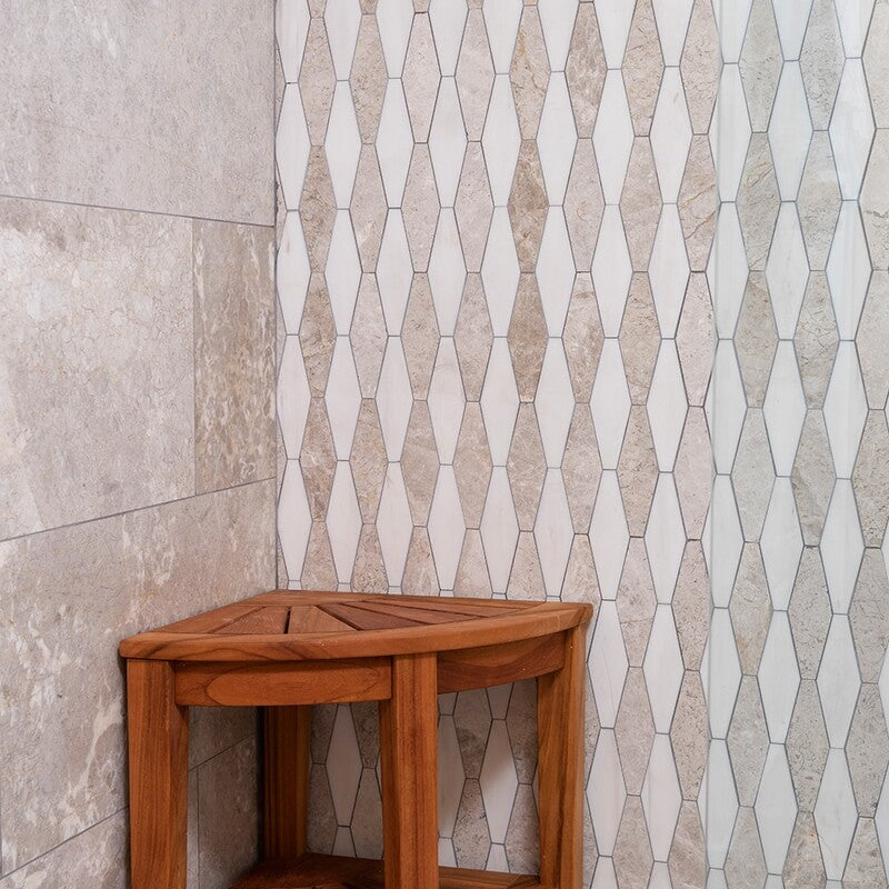 ATELIER MOSAIC: Diana Royal, Snow White Rhomboid Blend Long Hex Mosaic (multi finish | 11"x14"x15/16" | straight cut)