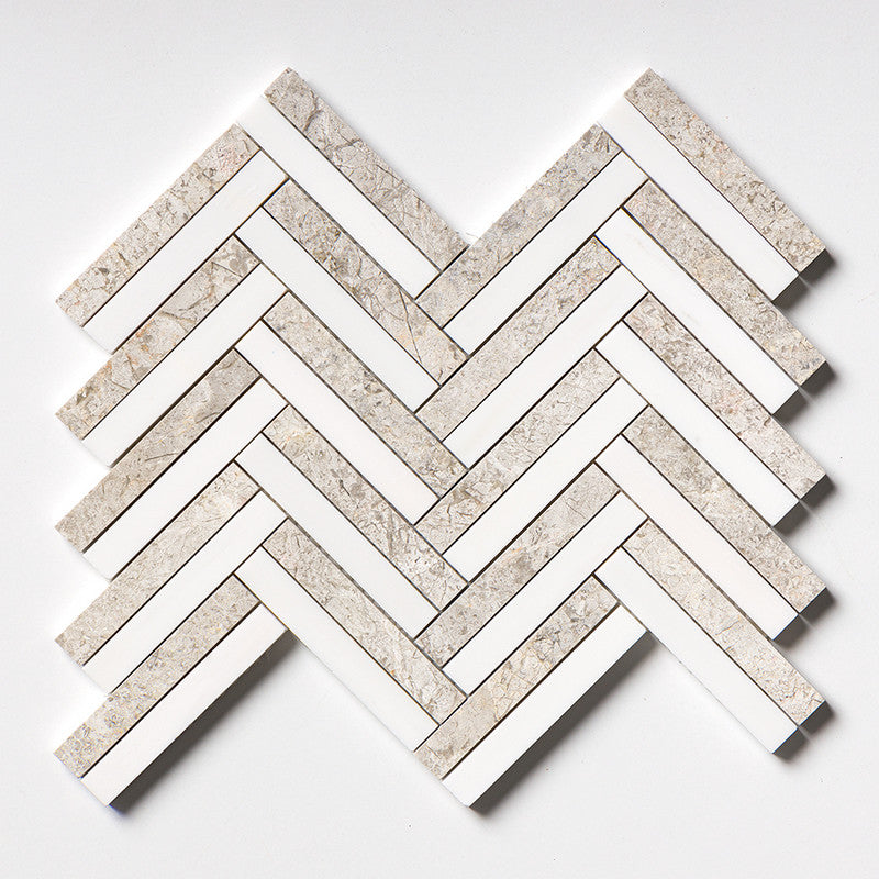 ATELIER MOSAIC: Snow White Raya Basket Herringbone Mosaic (multi finish | 11"x12"x13/16" | straight cut)