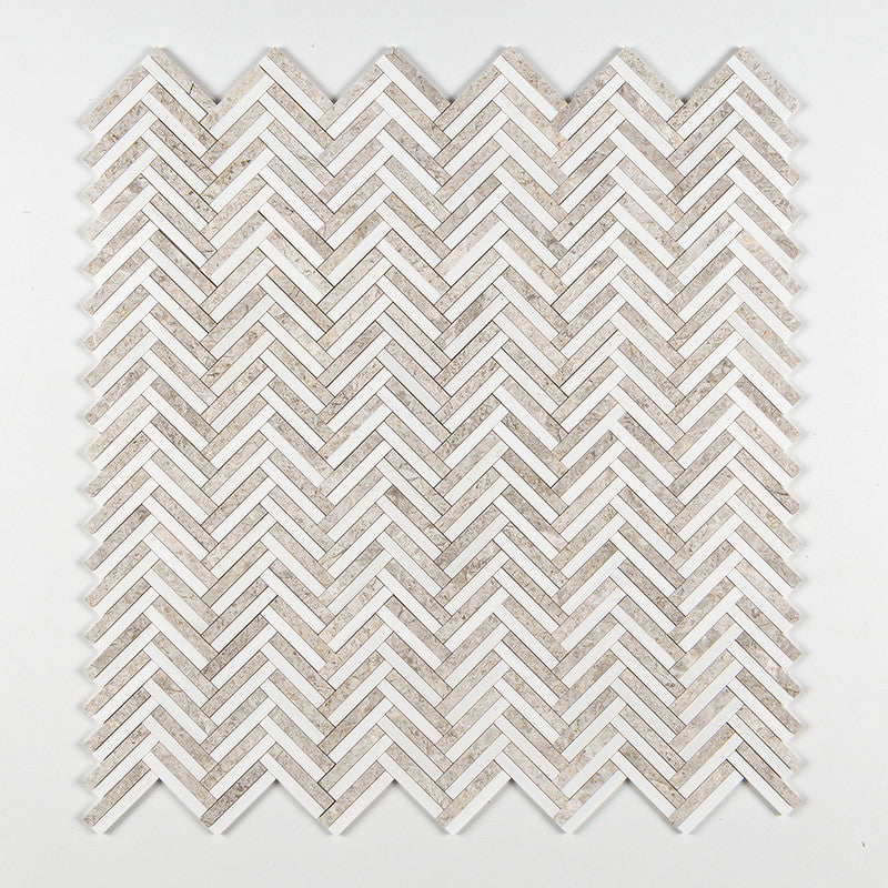 ATELIER MOSAIC: Snow White Raya Basket Herringbone Mosaic (multi finish | 11"x12"x13/16" | straight cut)