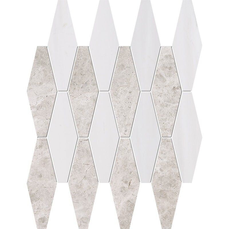 ATELIER MOSAIC: Snow White Rhomboid Blend Long Hex Mosaic (multi finish | 11"x14"x15/16" | straight cut)