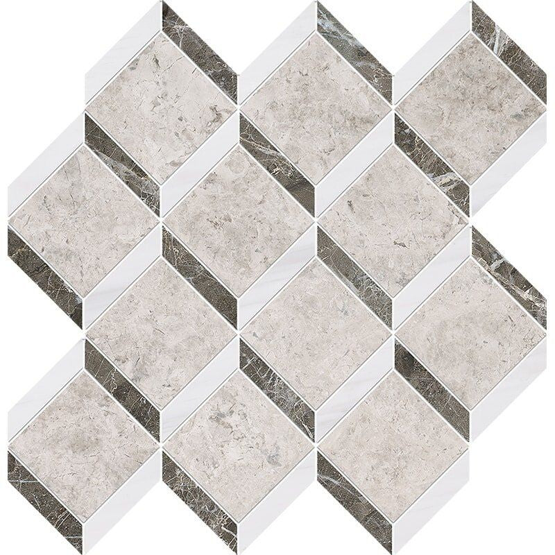 ATELIER MOSAIC: Snow White Arctic Gray Steps 3D Diamonds Mosaic (multi finish | 14"x14"x9/16" | straight cut)