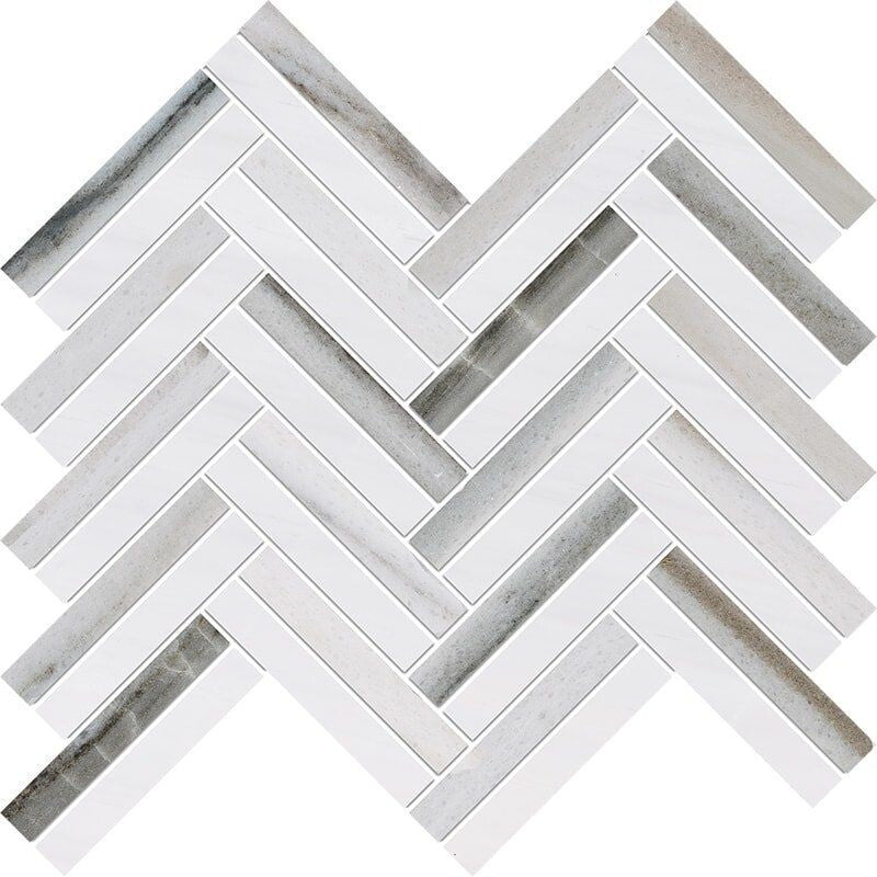 ATELIER MOSAIC: Snow White Raya Basket Herringbone Mosaic (multi finish | 11"x12"x13/16" | straight cut)