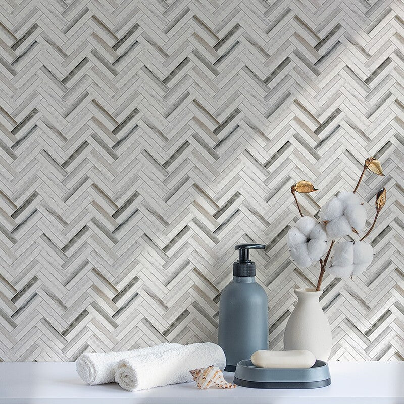 ATELIER MOSAIC: Snow White Raya Basket Herringbone Mosaic (multi finish | 11"x12"x13/16" | straight cut)