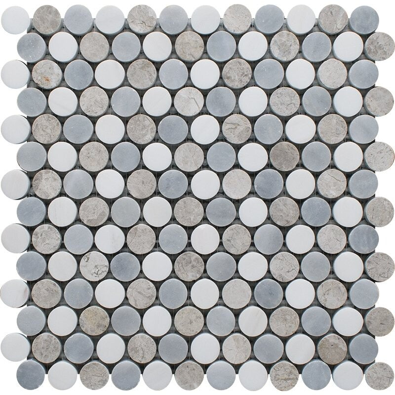 PENNY ROUND: Silver Shadow Allure Light 6 Penny Round Mosaic (multi finish | 10"x11"x1/16" | straight cut)