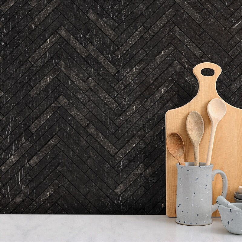 IRIS BLACK : 5/8X3 Herringbone Mosaic (honed | 10"x12"x7/16" | straight cut)