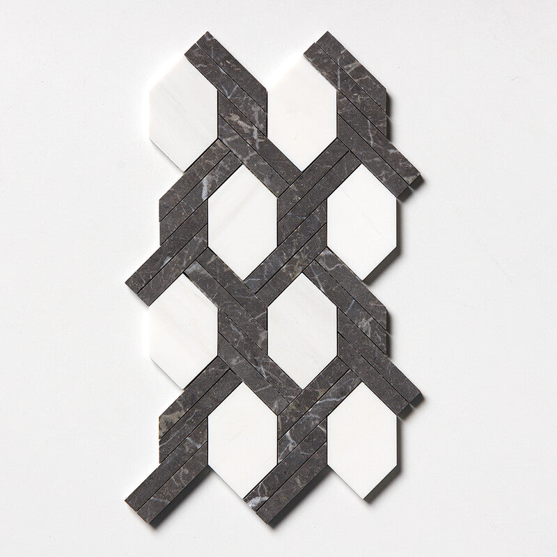 STUDIO : Snow White China Black Braided Hexagon Mosaic (honed | 9"x16"x11/16" | straight cut)