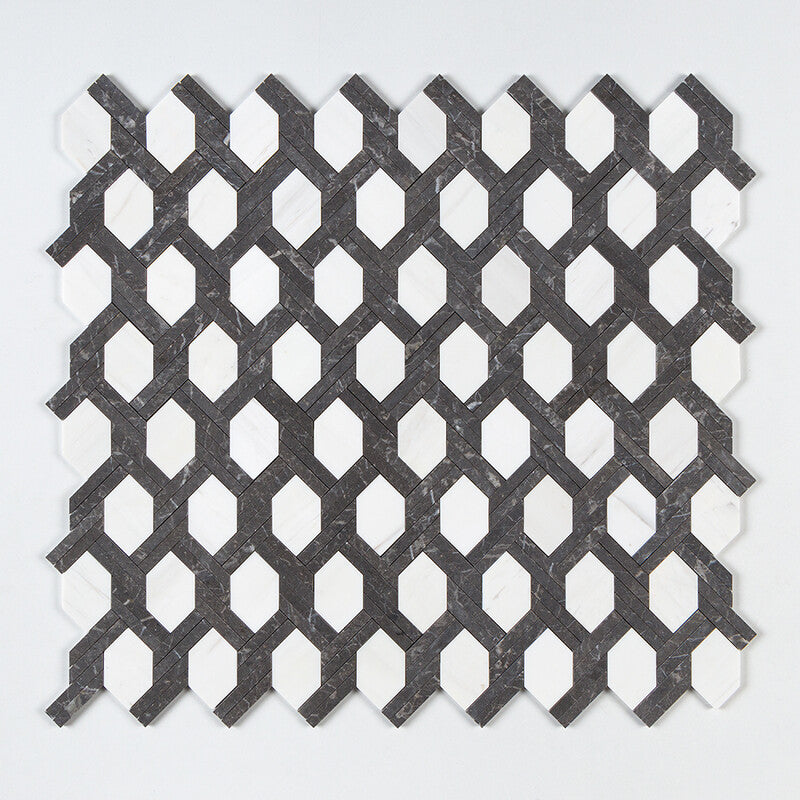 STUDIO : Snow White China Black Braided Hexagon Mosaic (honed | 9"x16"x11/16" | straight cut)