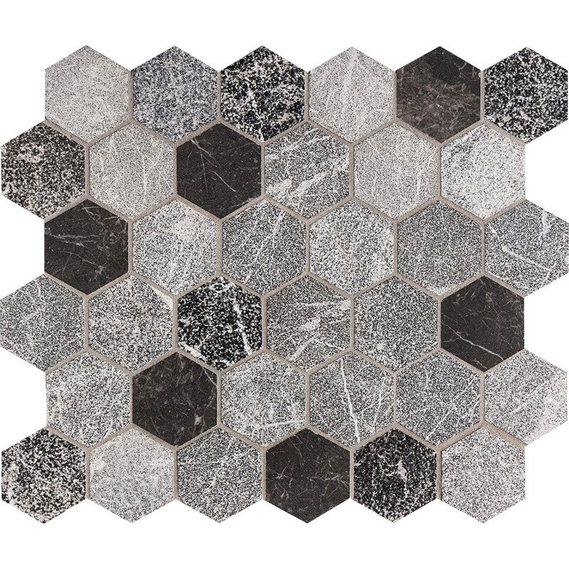 IRIS BLACK : Hexagon Mosaic (textura | 10"x12"x3/8" | straight cut)