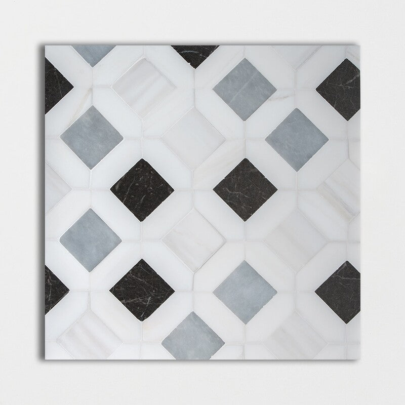 TESSA: Iris Bianco Dolomiti China Black Louna Straight Stack Mosaic (honed | 12"x12"x5/8" | straight cut)