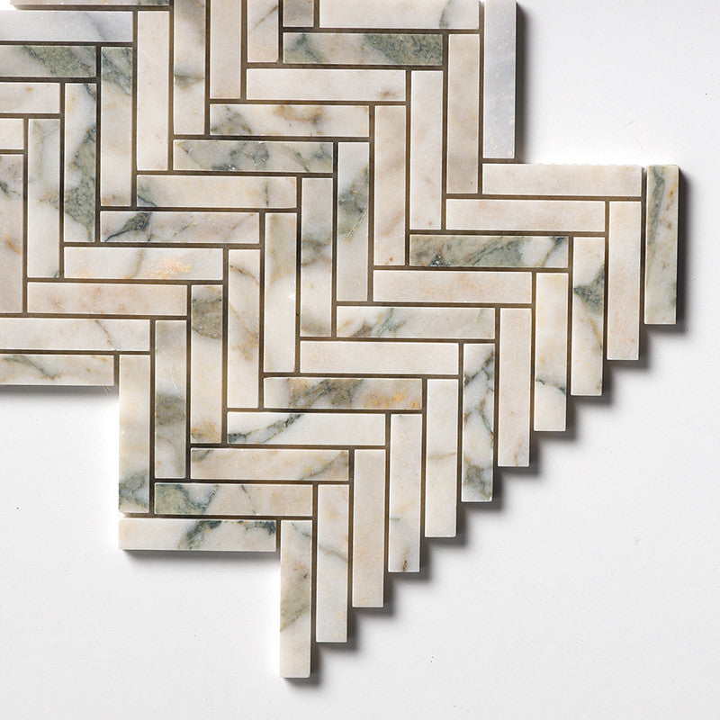 CALACATTA GREEN: 5/8X3 Herringbone Mosaic (honed | 10"x12"x7/16" | straight cut)