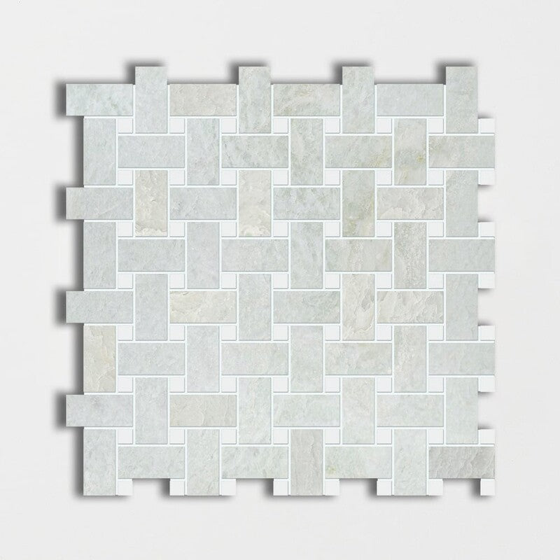 MING GREEN : Thassos White Basketweave Mosaic (polished | 12"x12"x3/8" | straight cut)