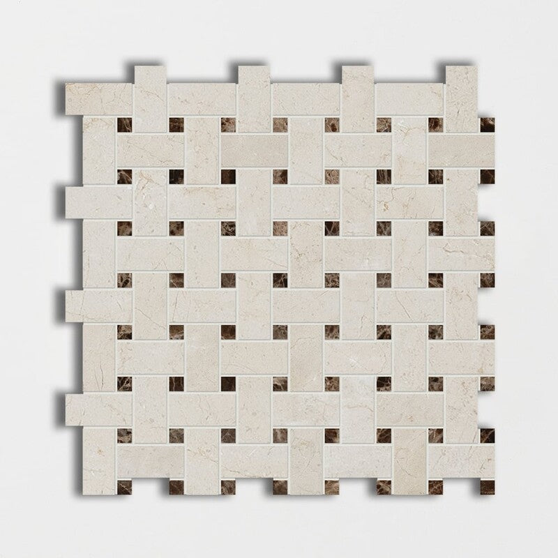 CREMA MARFIL : Emperador Dark Basketweave Mosaic (polished | 12"x12"x3/8" | straight cut)