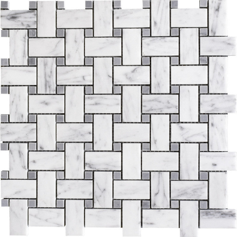 WHITE CARRARA : Bardiglio Basketweave Mosaic (polished | 12"x12"x3/8" | straight cut)