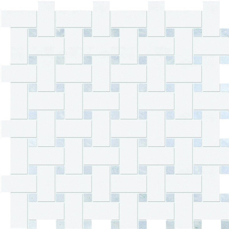 THASSOS WHITE : Blue Celeste Basketweave Mosaic (polished | 12"x12"x3/8" | straight cut)