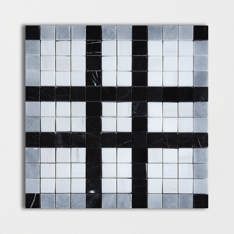 BLACK AND WHITE : Snow White Allure Light Checker Straight Stack Mosaic (multi finish | 12"x12"x3/8" | straight cut)