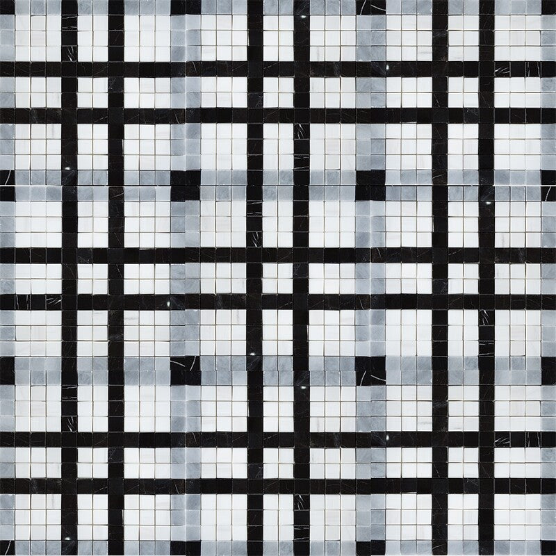 BLACK AND WHITE : Snow White Allure Light Checker Straight Stack Mosaic (multi finish | 12"x12"x3/8" | straight cut)