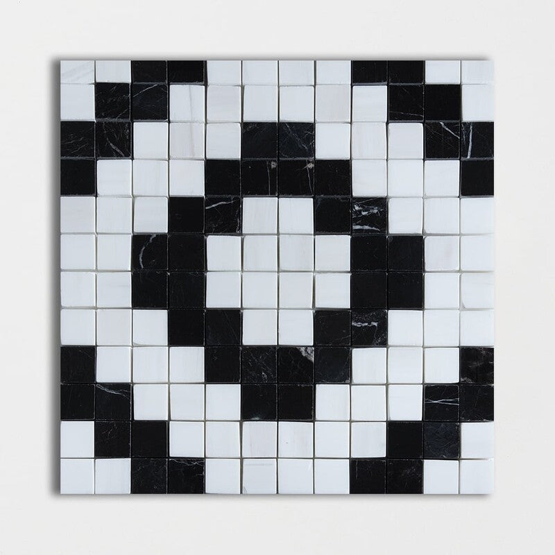 BLACK AND WHITE : Snow White Cross Maze Straight Stack Mosaic (multi finish | 12"x12"x3/8" | straight cut)