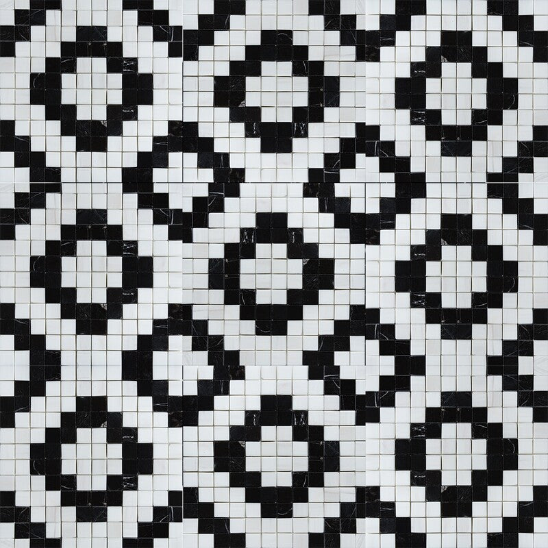 BLACK AND WHITE : Snow White Cross Maze Straight Stack Mosaic (multi finish | 12"x12"x3/8" | straight cut)