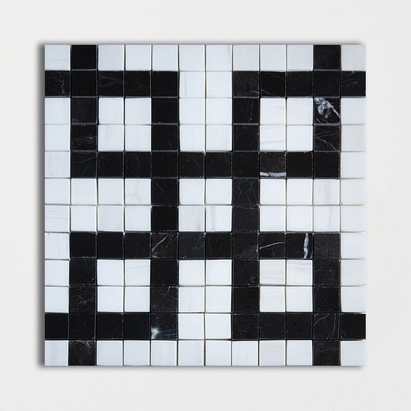 BLACK AND WHITE : Snow White Five Squares Straight Stack Mosaic (multi finish | 12"x12"x3/8" | straight cut)