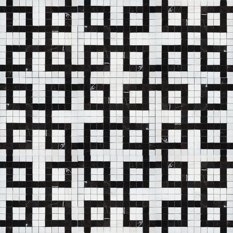 BLACK AND WHITE : Snow White Five Squares Straight Stack Mosaic (multi finish | 12"x12"x3/8" | straight cut)