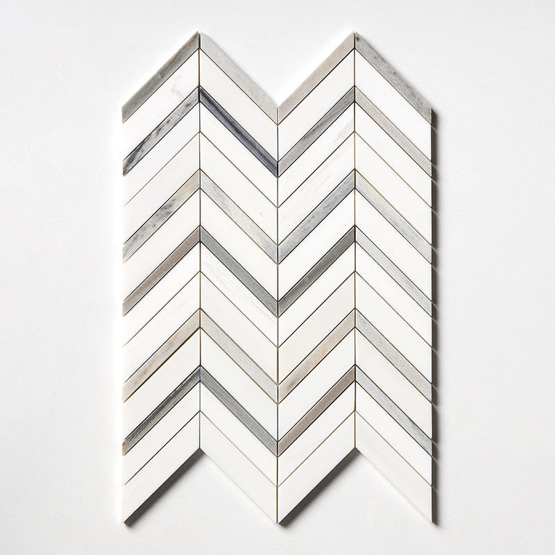 SNOW WHITE : Skyline Fusion Chevron Mosaic (polished | 11"x16"x7/8" | straight cut)