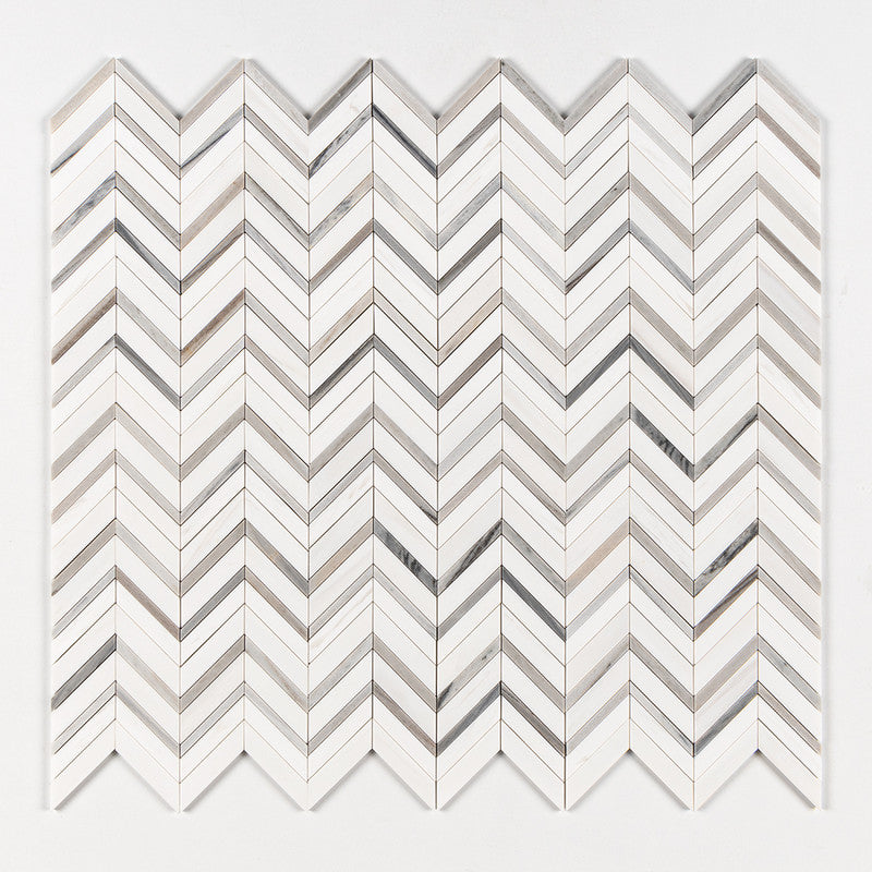 SNOW WHITE : Skyline Fusion Chevron Mosaic (polished | 11"x16"x7/8" | straight cut)