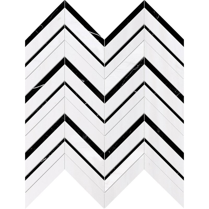 DIMENTIONS  : Snow White Fusion Chevron Mosaic (honed | 11"x16"x7/8" | straight cut)