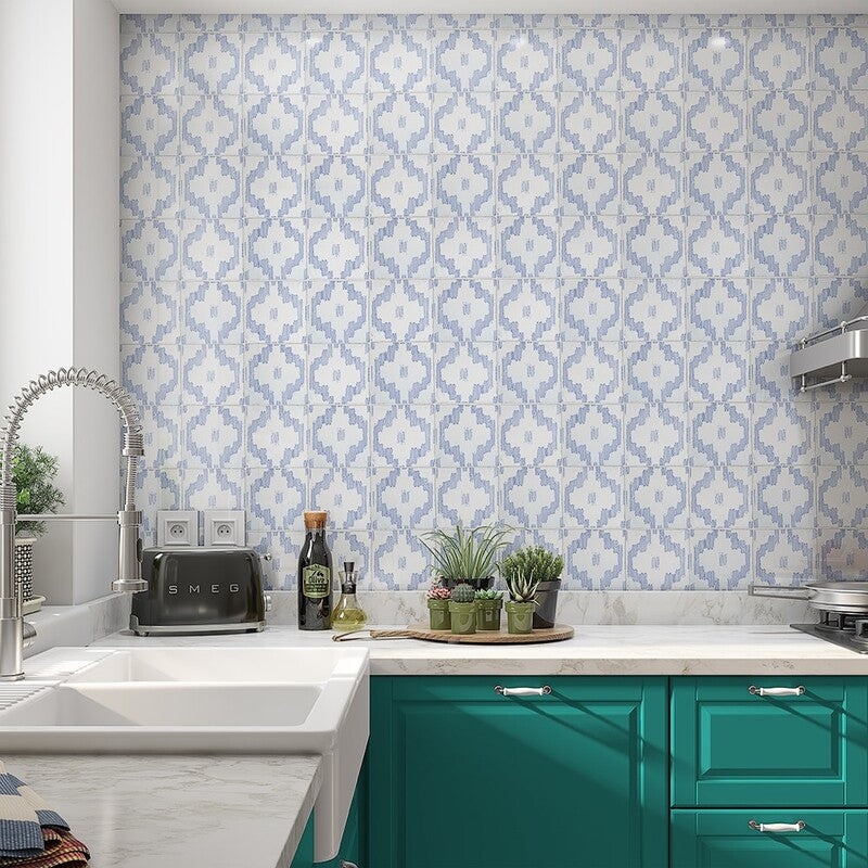 ANTIQUED MALLORCA: Indigo Wash Ikat Glazed Terracotta Field Deco Tile (6"x6"x3/8" | glossy)