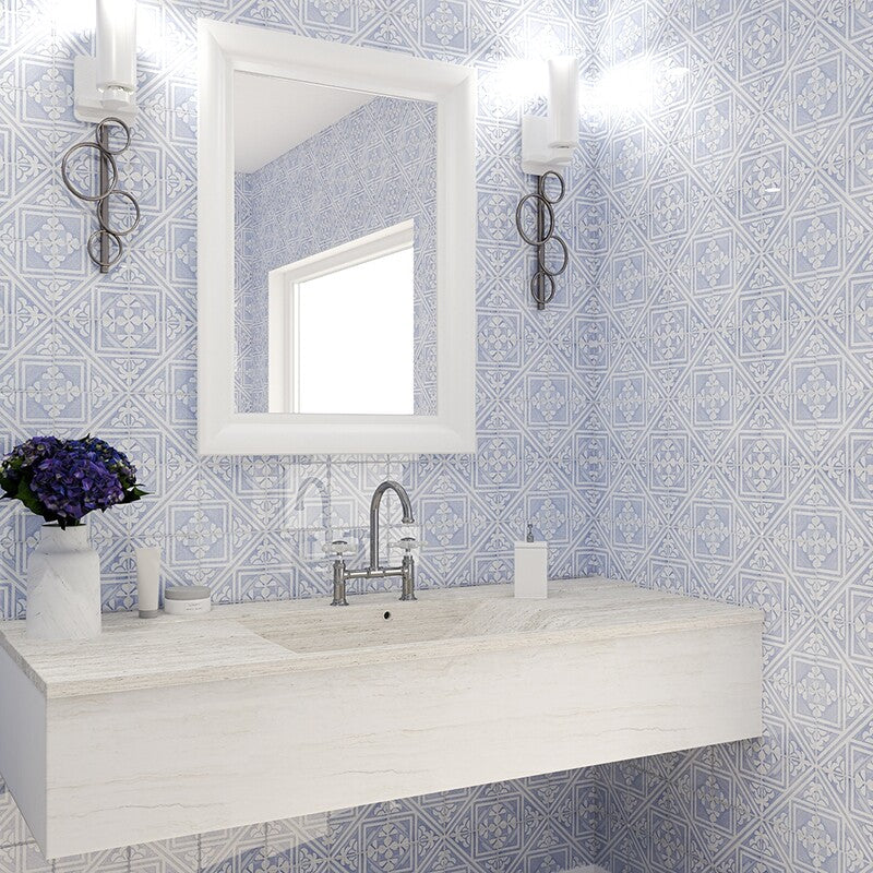 ANTIQUED MALLORCA: Indigo Wash Manorca Glazed Terracotta Field Deco Tile (6"x6"x3/8" | glossy)