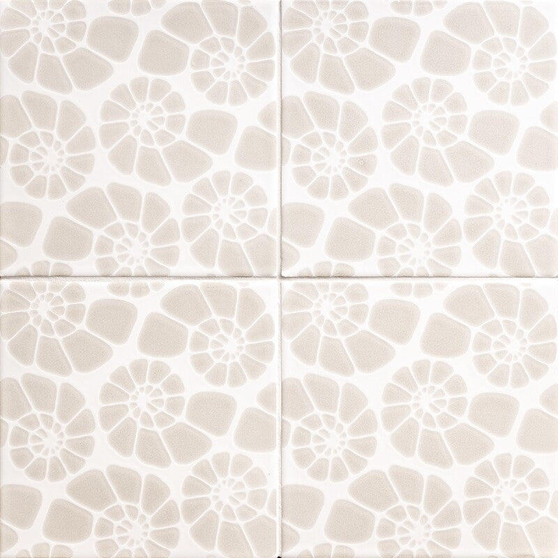 SEASIDE CERAMIC: Neutral Swirl Nautilus Cluster Field Deco Tile (glossy | 6"x6"x3/8" | beveled)