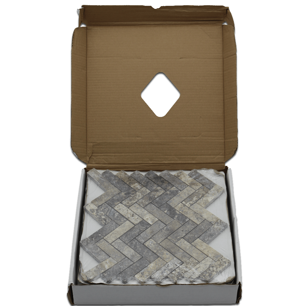 SILVER: Travertine 1"X3" Herringbone Mosaic (12"x12"x3/8" | honed)