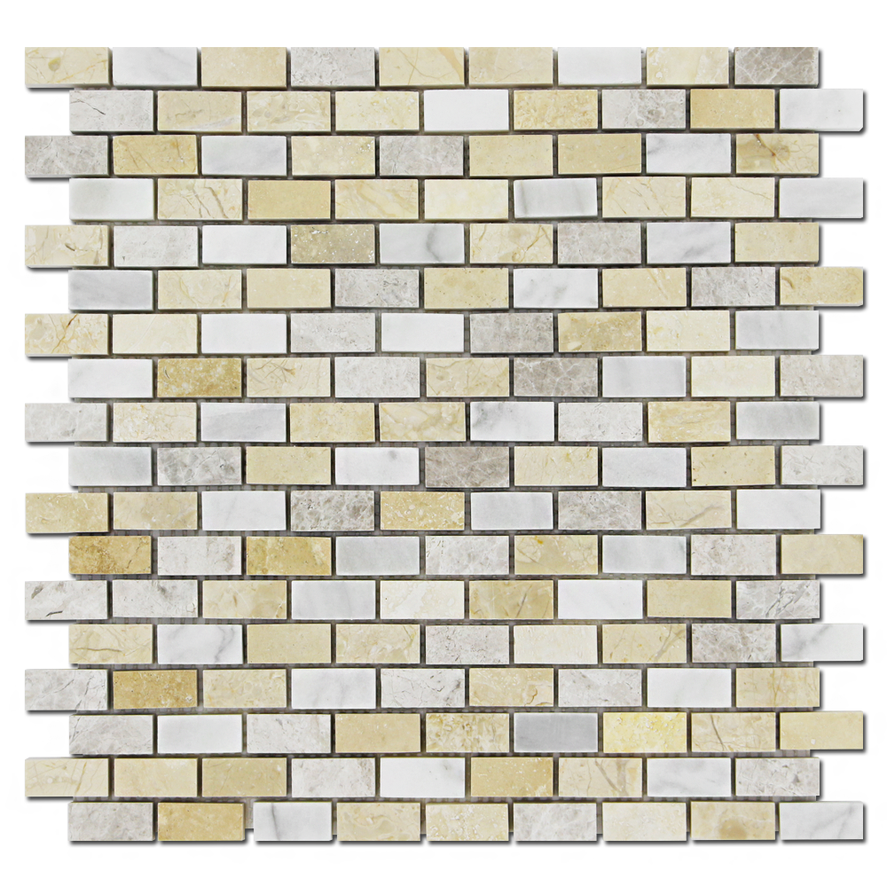 BOTTICINO: Ivory Light, Silver Shadow Marble & Travertine 5/8"X1 1/4" Adriatica Mosaic (12"x12"x3/8" | honed, polished)