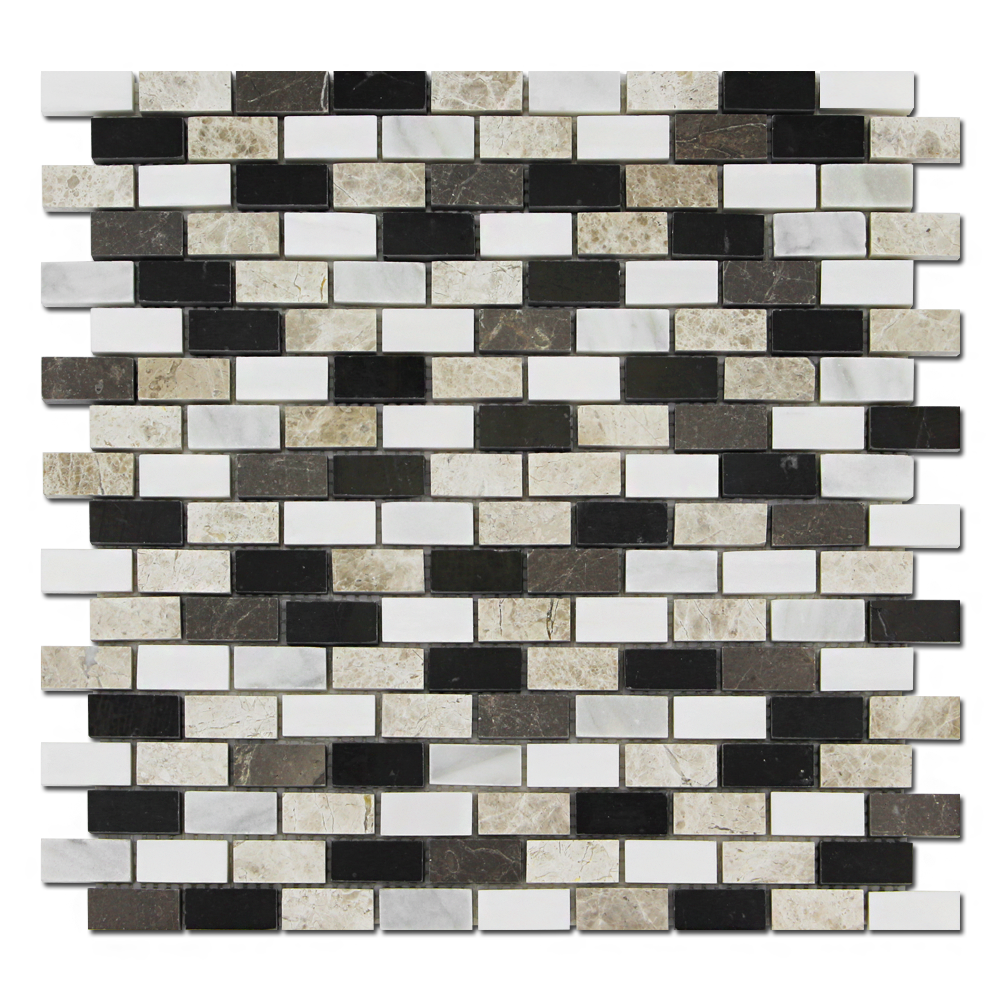 EMPERADOR: Silver Shadow, Tarus Black, Milas White Marble 5/8"X1 1/4" Adriatica Mosaic (12"x12"x3/8" | honed, polished)