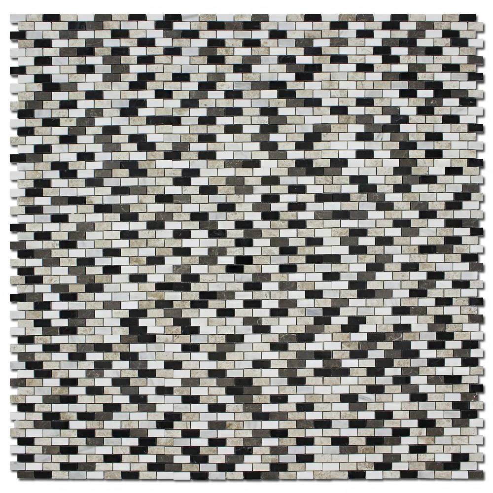 EMPERADOR: Silver Shadow, Tarus Black, Milas White Marble 5/8"X1 1/4" Adriatica Mosaic (12"x12"x3/8" | honed, polished)