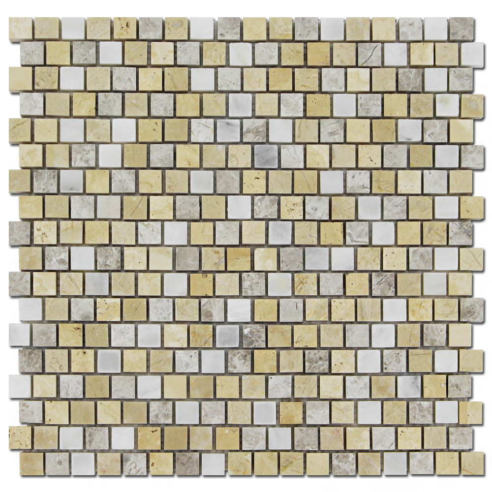 BOTTICINO: Ivory Light, Silver Shadow Marble & Travertine 5/8"X5/8" Adriatica Mosaic (12"x12"x3/8" | honed, polished)