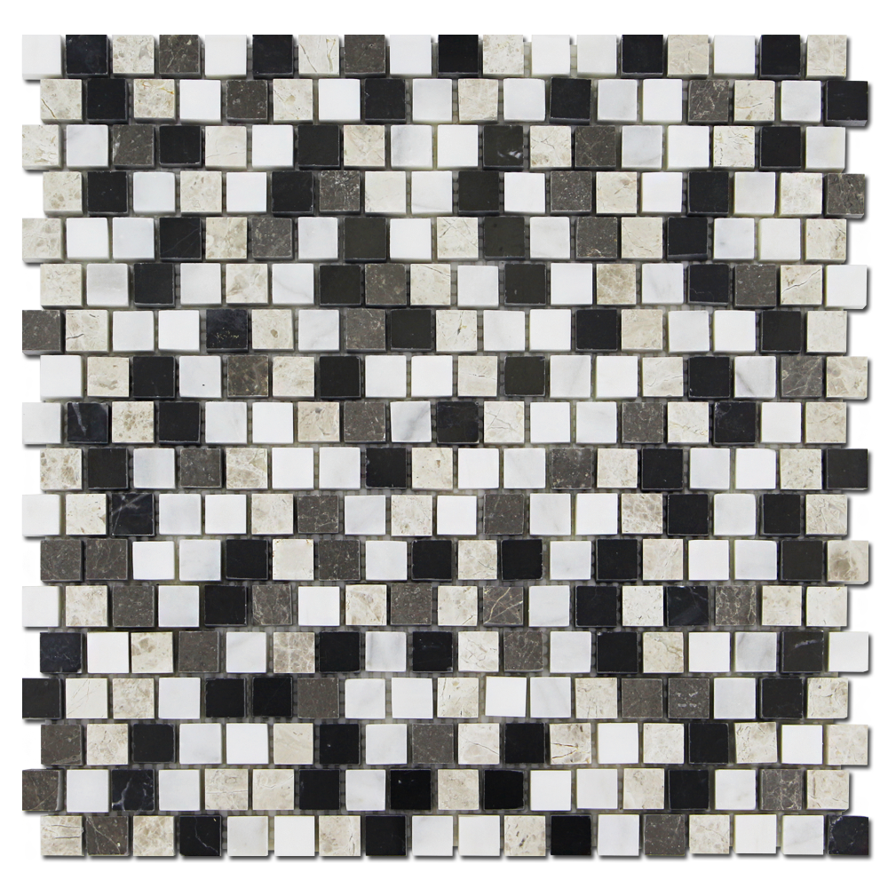 EMPERADOR: Silver Shadow, Tarus Black, Milas White Marble 5/8"X5/8" Adriatica Mosaic (12"x12"x3/8" | honed, polished)