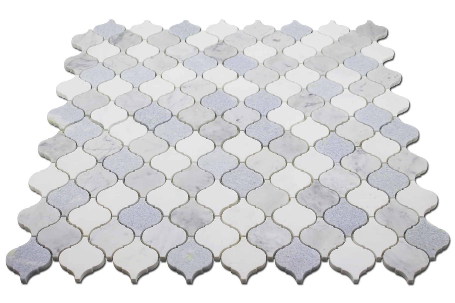 BIANCO VENATO: Carrara, Blue Celeste Marble & Dolomite Arabesque Mosaic (12"x12"x3/8" | honed)