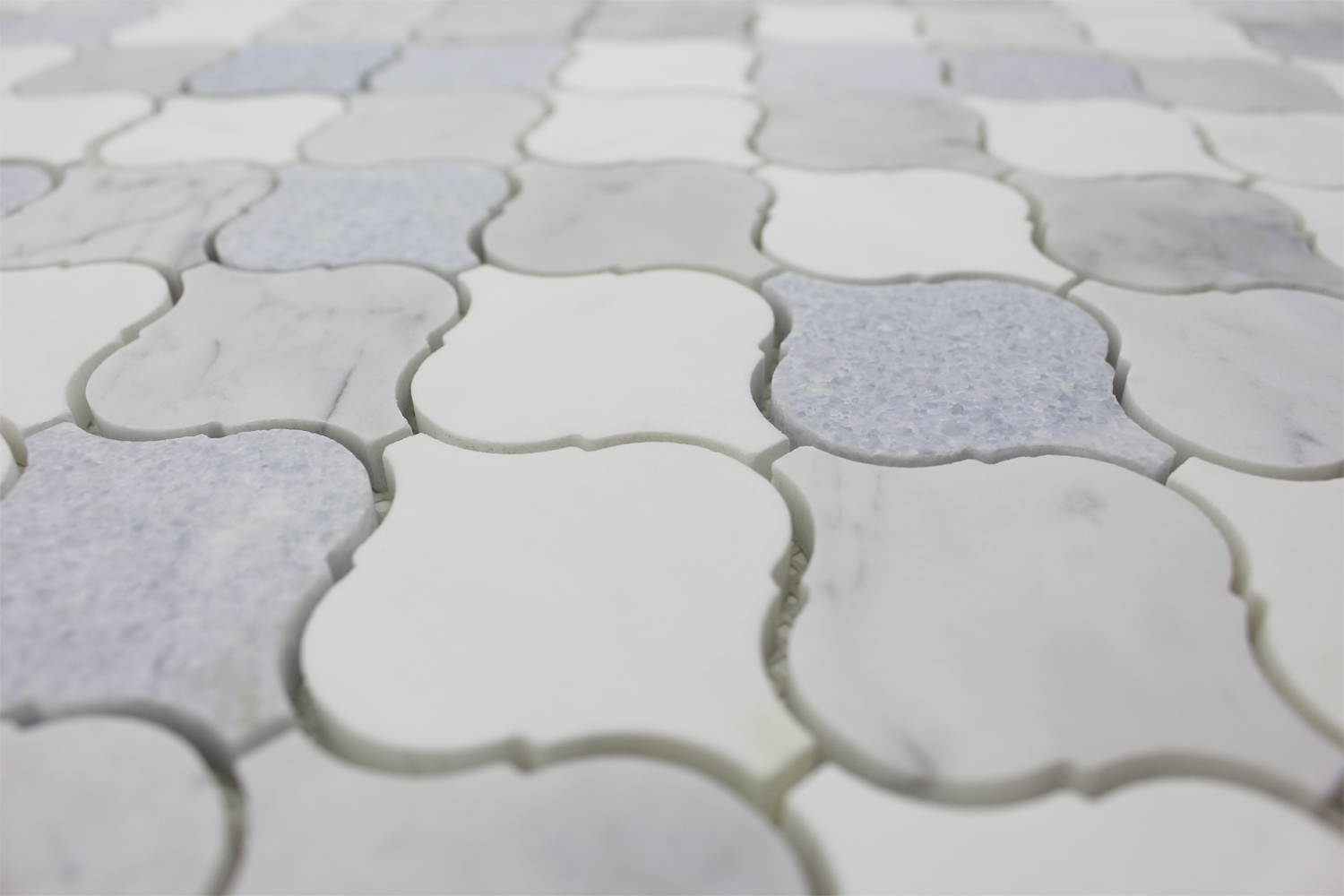 BIANCO VENATO: Carrara, Blue Celeste Marble & Dolomite Arabesque Mosaic (12"x12"x3/8" | honed)