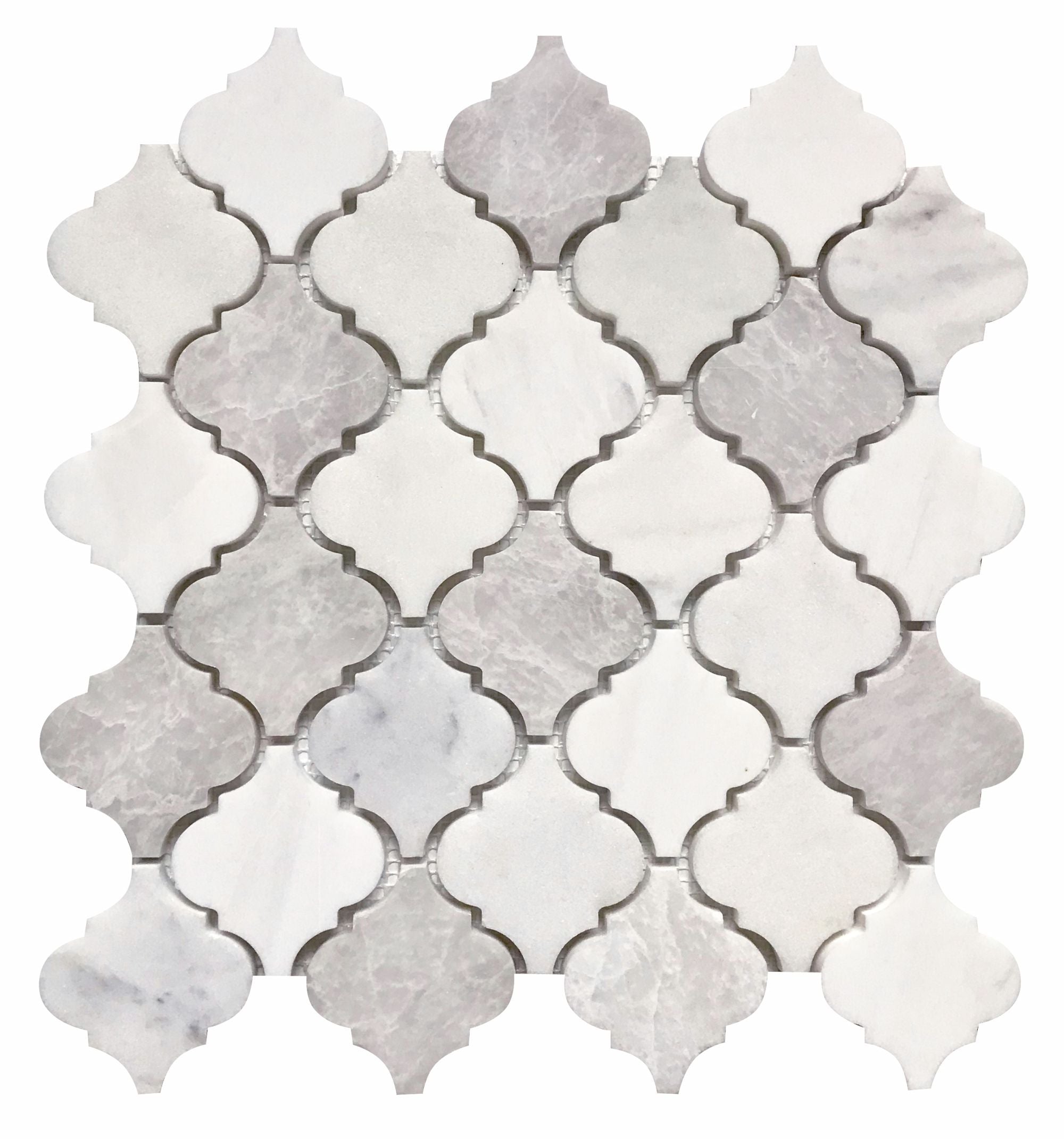 BIANCO VENATO: Iceberg, Imperial White Marble Arabesque Mosaic (12"x12"x3/8" | polished)