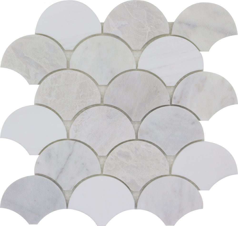 BIANCO VENATO: Iceberg, Imperial White Marble Fish Scale Mosaic (11 1/2"x12 1/4"x3/8" | polished)