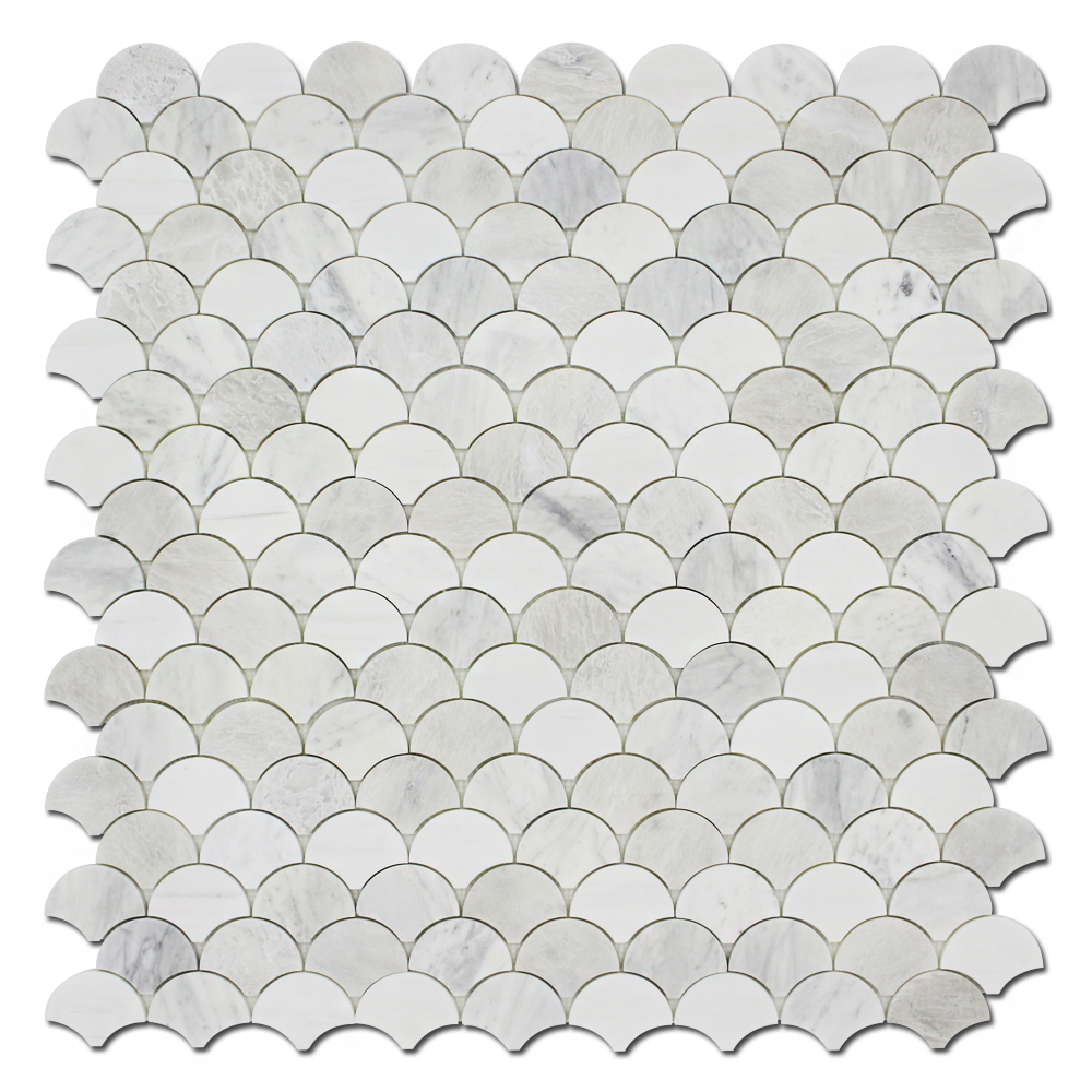 BIANCO VENATO: Iceberg, Imperial White Marble Fish Scale Mosaic (11 1/2"x12 1/4"x3/8" | polished)