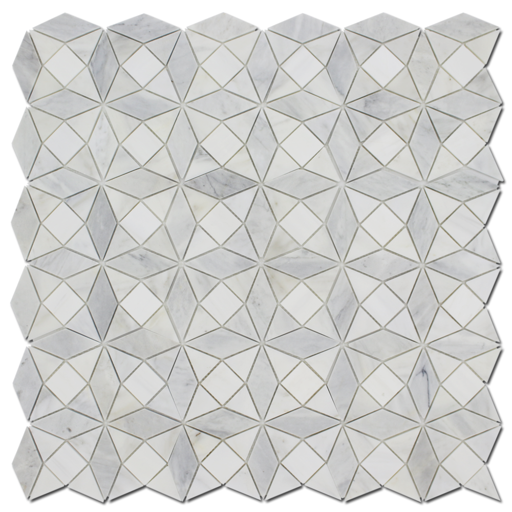 BIANCO VENATO: Imperial White Dolomite Kaleidoscope Mosaic (11"x11"x3/8" | polished)