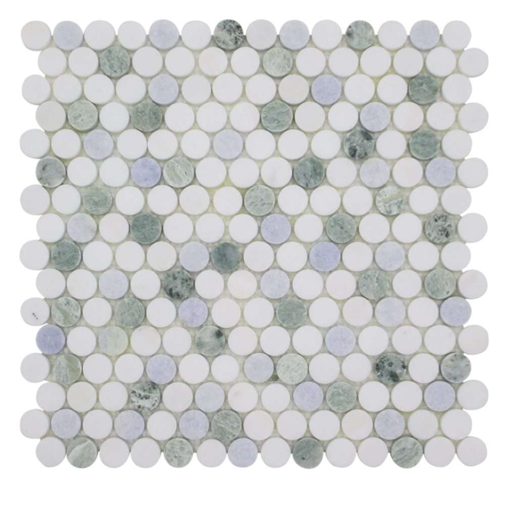 BIANCO VENATO: Calacatta Olive, Blue Celeste Dolomite 1" Penny Round Mosaic (12"x12"x1/4" | honed)