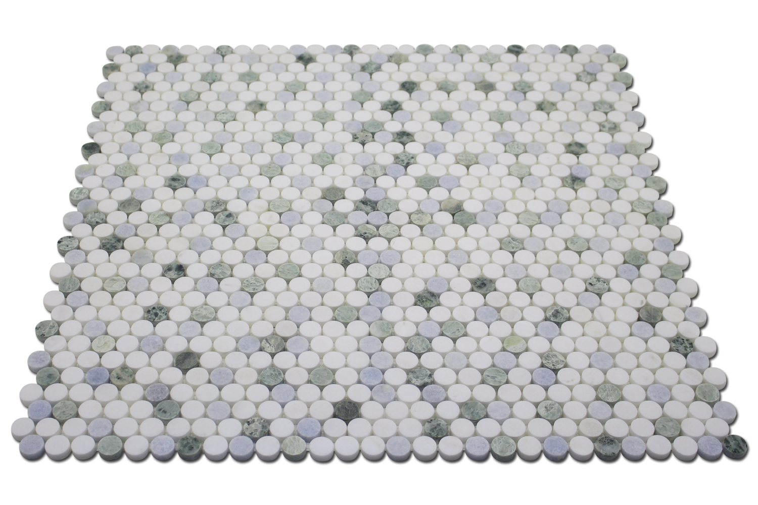 BIANCO VENATO: Calacatta Olive, Blue Celeste Dolomite 1" Penny Round Mosaic (12"x12"x1/4" | honed)