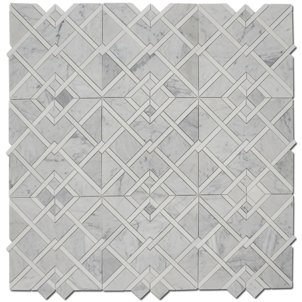 CARRARA: Bianco Venato Marble & Dolomite Piazza Mosaic (12 3/4"x14"x3/8" | polished)